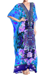 Blue Floral Print Silk Kaftan Maxi Dress