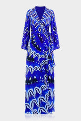 Blue Printed Wrap Maxi Dress with Long Sleeves