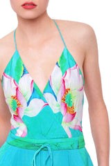 Backless Floral Print Jumpsuit In Green Envy