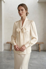 Beige Satin Scarf-Tie Blouse
