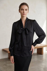 Black Satin Scarf Tie Neck Blouse