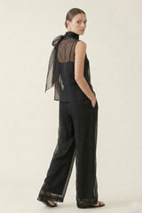 Black Sheer Organza Tie Neck Blouse
