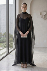 Black Sheer Organza Cape Overlay Gown