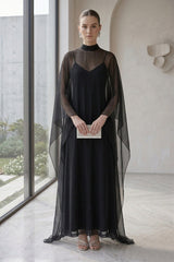 Black Sheer Organza Cape Overlay Gown