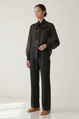Black Sheer Organza Tie-Neck Shirt