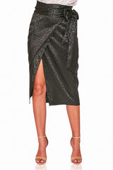 Black Satin Wrap Midi Skirt with Leopard Jacquard Finish