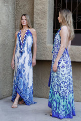 Blue Royal Scroll Print Halter Maxi Dress