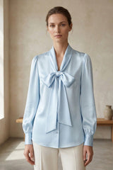 Blue Scarf Tie Neck Satin Blouse