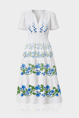Blue & White Cotton Poplin Midi Dress with Pockets