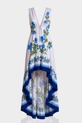 Blue Floral High-Low Maxi Dress with Deep V Neckline