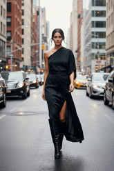 Black One Sleeve Maxi Dress- Side split silk evening dress