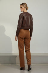 Auburn Luxe Women's Cropped Leather Jacket & Corduroy Wide-Leg Trousers Set