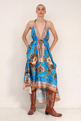 Azure Blue Baroque Scarf Print Halter Maxi Dress