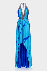 Blue Tie-Dye Embellished Halter High-Low Maxi Dress