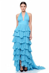 Blue Ruffle Long Halter Neck Maxi