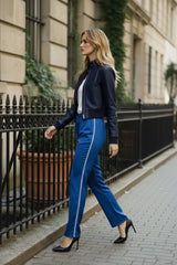 Blue High Rise Straight Trim Pants for Women