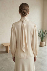 Beige Silk Satin-Twill Tie-Neck Blouse