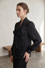 Black Satin Scarf Tie Neck Blouse
