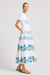 Blue & White Cotton Poplin Midi Dress with Pockets