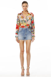 Above Blue Collar Neck Floral Multicolor Shirt For Women With Long Sleeves