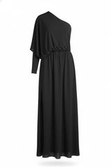 Black One Sleeve Maxi Dress- Side split silk evening dress