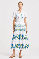 Blue & White Cotton Poplin Midi Dress with Pockets