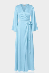 Aqua Blue Satin Wrap Maxi Dress with Slit – Long Sleeve Evening Dress