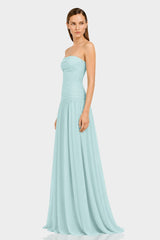 Aqua Green Strapless Ruched Chiffon Maxi Dress