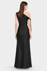 Black Ruched One Shoulder Stretch Satin Evening Gown