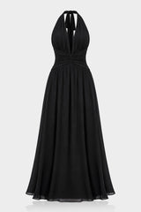 Black Halter V-Neck Chiffon Bridesmaid Maxi Dress – Floor Length Formal Gown