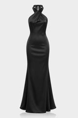 Black Satin High Neck Crisscross Halter Maxi Dress – Elegant Mermaid Formal Gown