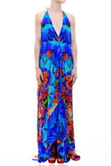 Blue Animal Print Silk Scarf Maxi Dress