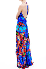 Blue Animal Print Silk Scarf Maxi Dress