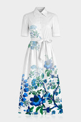 Blue Floral Cotton Poplin Midi Shirt Dress