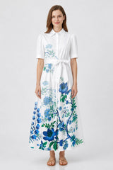 Blue Floral Cotton Poplin Midi Shirt Dress