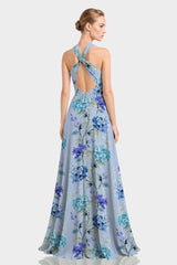 Blue Floral Print Twist Halter Maxi Dress