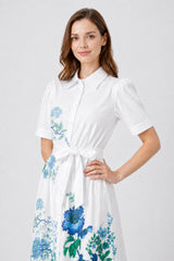 Blue Floral Cotton Poplin Midi Shirt Dress