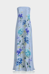 Blue Floral Print Strapless Satin Maxi Dress with Scarf