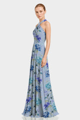 Blue Floral Print Twist Halter Maxi Dress