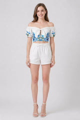 Blue Botanical Tie Front Bardot Crop Top with Puff Sleeves