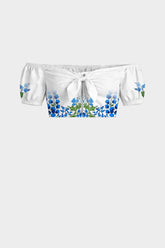 Blue Botanical Tie Front Bardot Crop Top with Puff Sleeves