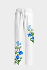 Blue Botanical High Waisted Drawstring Pants with Pockets
