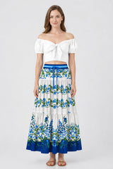 Blue Floral Multi Tier Maxi Skirt with Drawstring Waist