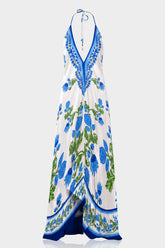 Blue Floral Halter Maxi Dress with Deep V Neckline and Open Back