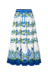 Blue Floral Multi Tier Maxi Skirt with Drawstring Waist