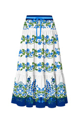 Blue Floral Multi Tier Maxi Skirt with Drawstring Waist