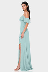 Aqua Green Off-Shoulder Ruffle Chiffon Fit & Flare Maxi Dress