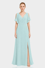Aqua Green Flutter Sleeve Cold Shoulder Chiffon Maxi Dress