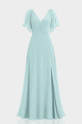 Aqua Green Flutter Sleeve Cold Shoulder Chiffon Maxi Dress