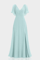 Aqua Green Flutter Sleeve Cold Shoulder Chiffon Maxi Dress